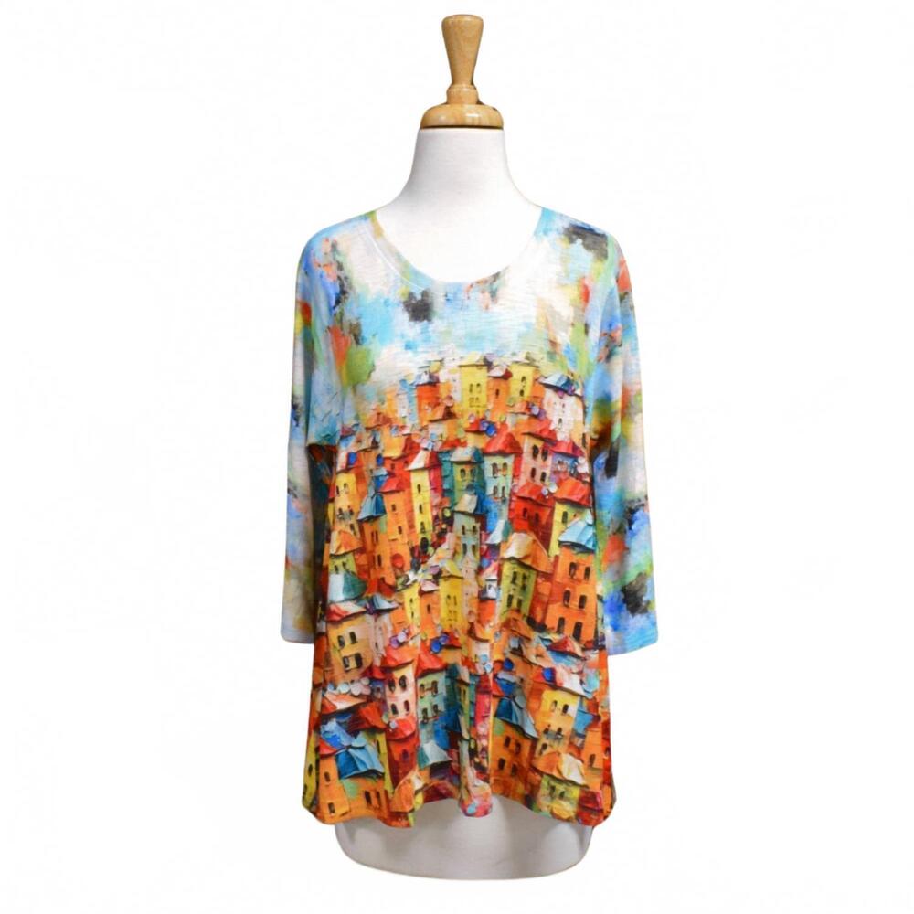 NEW INOAH women's rainbow village top in blue multi